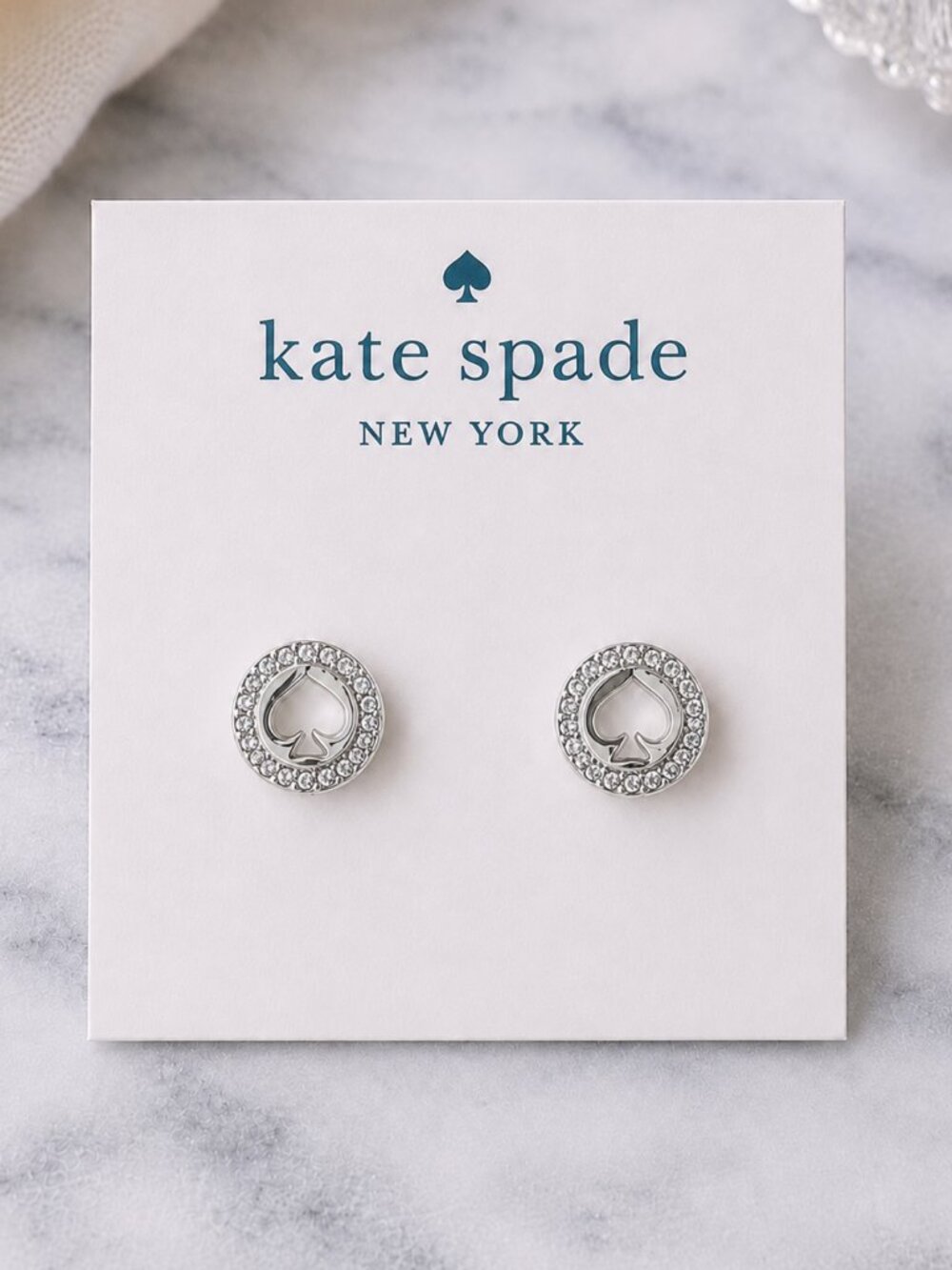 Kate Spade Silver Spade Crystal Halo Stud Earrings Rhinestone Logo🤍